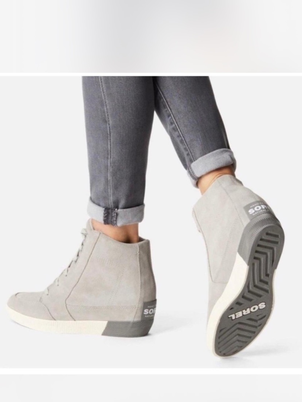 Sorel Women Out ‘N About Grey Suede High-Top Wedge Sneakers size 9
